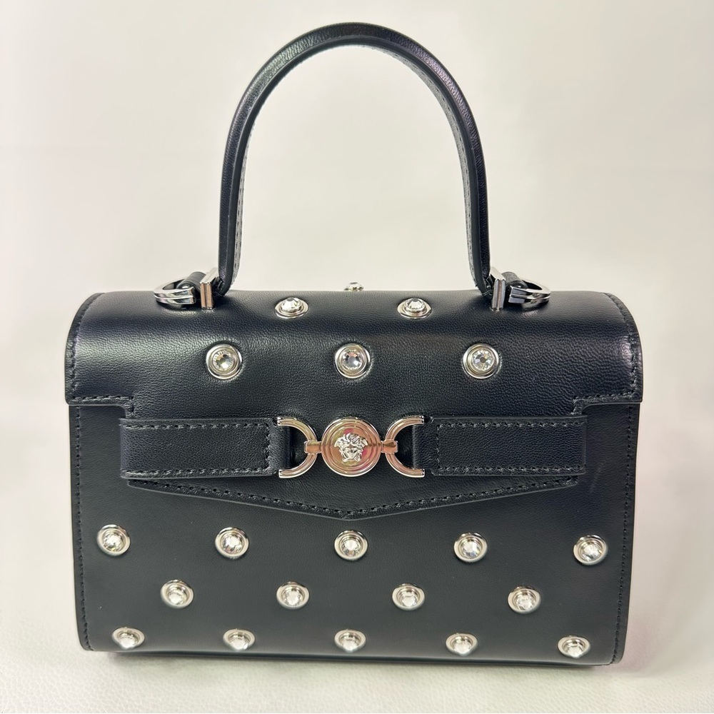 NEW! Versace Crystal Medusa 95 Studded Top Handle Shoulder Bag Black Lamb - Picture 1 of 11